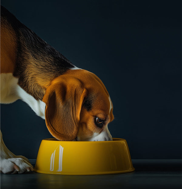 Dog waiting beside a food bowl